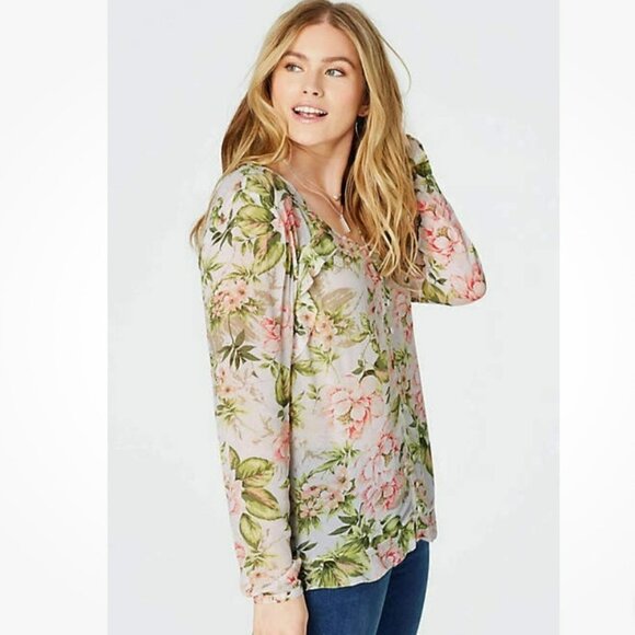 J Jill Floral Ruffle Trim Blouse Women Large Petite White Pink Green Cottagecore - Picture 4 of 11